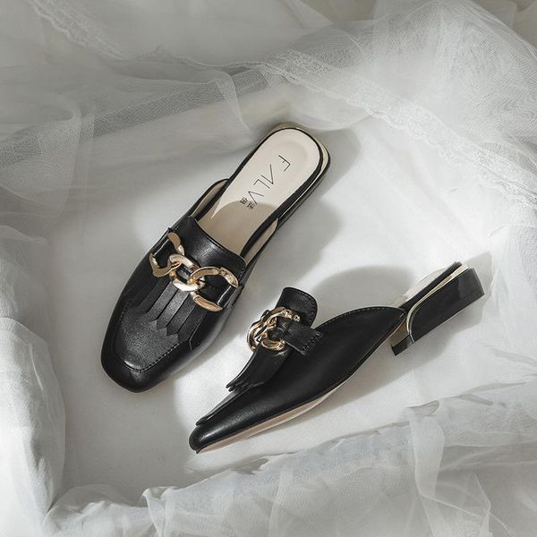 

slippers female shoes soft slides rivet mules for women 2021 beige heeled sandals fashion low cover toe square heel comfort, Black