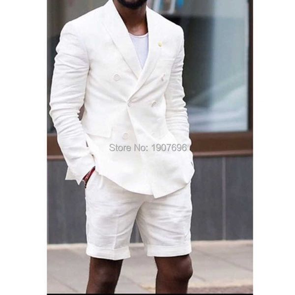 White linen verão homens ternos com duplo breasted dois pedaço fino cabe calças curtas casaco casual moda noivo casamento noivo x0909