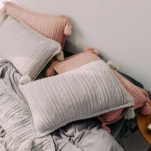 

pillow case 48x74cm solid green/grey/pink/yellow knitted wool pillowcase with tassel jaquard warm single cover bed
