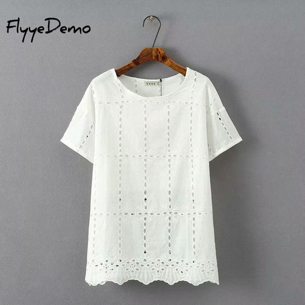 

women's t-shirt 4xl plus size cutout embroidery women short sleeve 2021 summer loose basic tshirt lace hollow out tee shirt femme, White