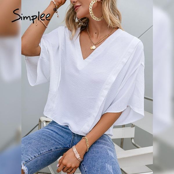 

women's t-shirt simplee elegant bat sleeve v-neck loose tshirt causal streetwear white tshirts summer short woman 2021 fashion