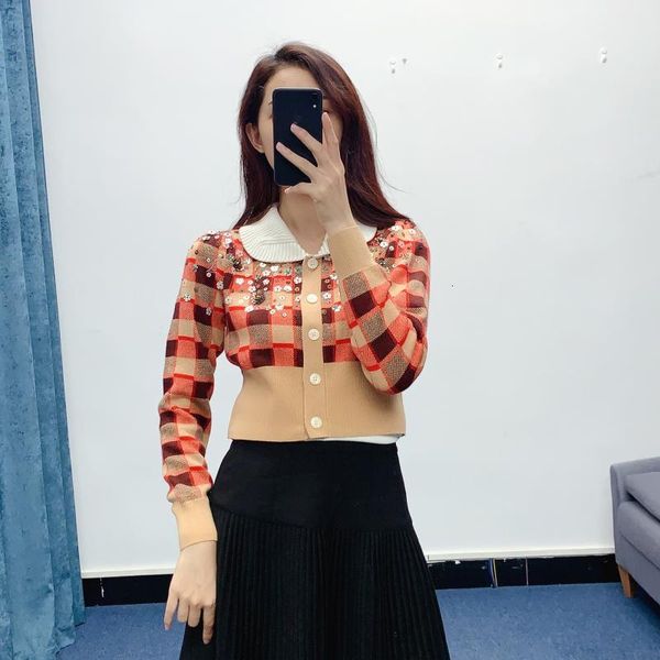 

knits spring crop women white lapel plaid cardigan sweater knitwear coat
