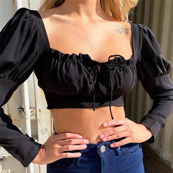 

women's t-shirt elegant vintage lace blouse puff sleeve ruched square collar shirt autumn casual bandage t shirts, White