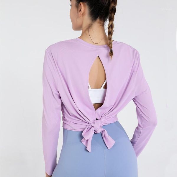 

yoga outfit shirt women loose breathable long sleeve sports dovetail hem hollow back fitness workout gym running clothes