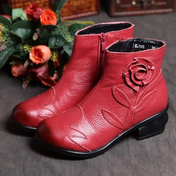 

boots womens luxury fashion mother shoes autumn winter leather ankle casual round toe ladies flowers comfort, Black