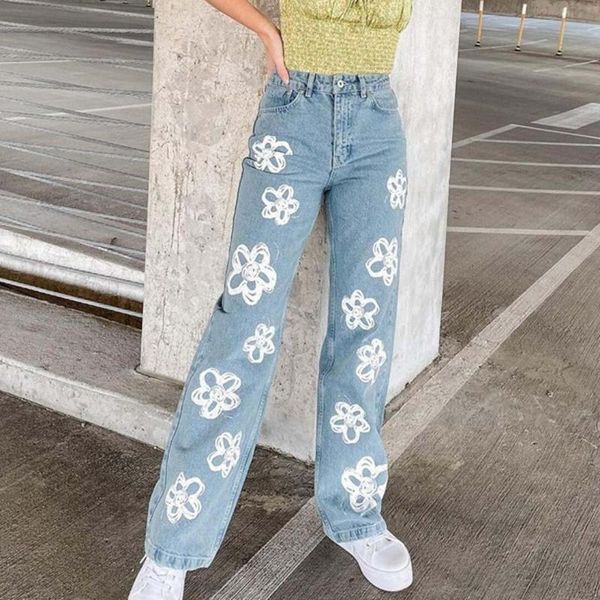 

women's jeans autumn fashion flower print mid-rise wide leg high waist vintage streetwear cargo boyfriend pants straight denim trousers, Blue