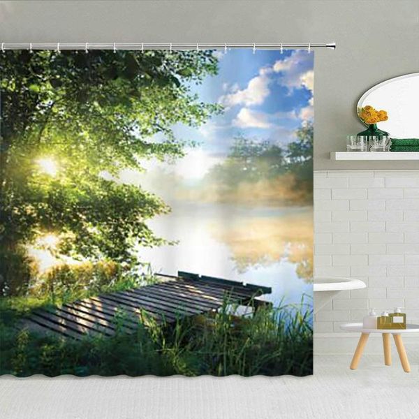 

shower curtains green plants wooden bridge sunrise landscape curtain mountain river wall bathroom decor spring natural scenery