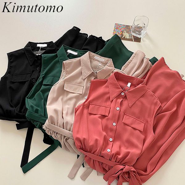 

kimutomo elegant sleeveless dresses office lady turn-down collar single breasted irregular lace up slim waist solid vestido 210521, Black;gray