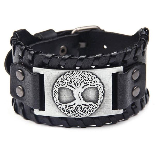 

charm bracelets tree of life vintage wrap leather men's bracelet with antique bronze metal viking bangle jewelry, Golden;silver