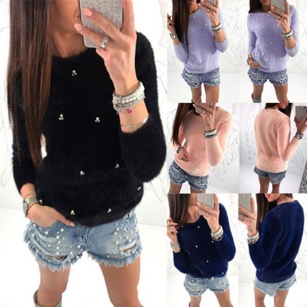 

women's sweaters autumn winter women hoodies warm long sleeve sweatshirts faux pearl beading solid color plush loose pullover hooded, White;black