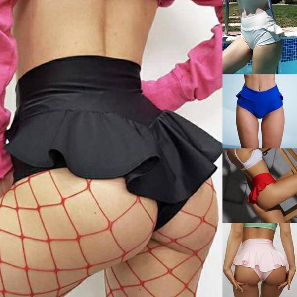 

fashion women solid color stretch high waist ruffled mini shorts for running women's, White;black