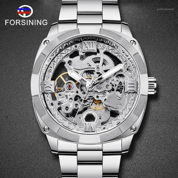 

business men watches stainless steel military wristwatch skeleton automatic mechanical male clock relogio masculino wristwatches, Slivery;brown