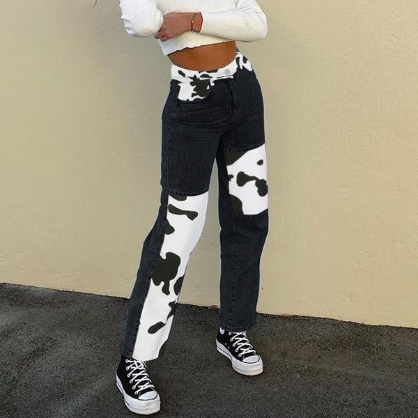 

jean denim breech breeches straight women cow print baggy wide leg-slash-block slacks loose in the aesthetic fashion women's pants, Blue