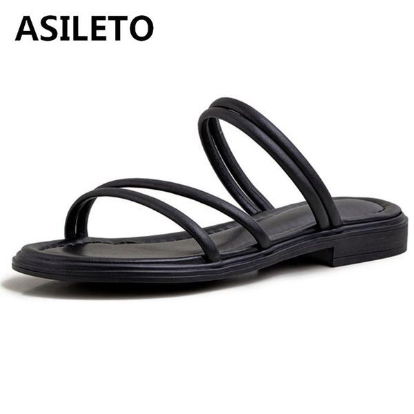 

slippers asileto 2021 fashion concise narrow band solid open toe slip on 2cm chunky heel shoes size 34-40 black beige a4260