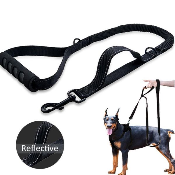 

dog collars & leashes leash reflective nylon bungee elastic dogs lead rope army tactical pet belt for large walking jogging 2 handles