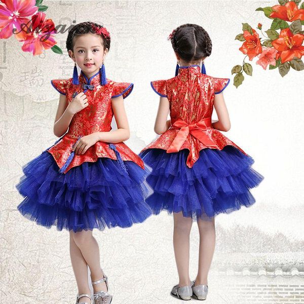 

red chinese traditional girls dresses kids princess cheongsam woman children tailing dance flowers qipao birthday year dress ethnic clothing