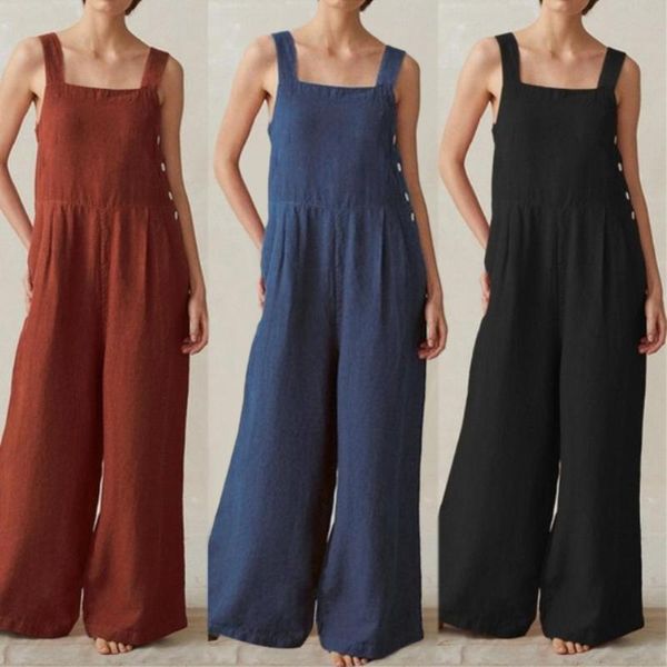 

women sleeveless button pockets wide leg jumpsuit bib overall work clothes women's pants & capris, Black;white