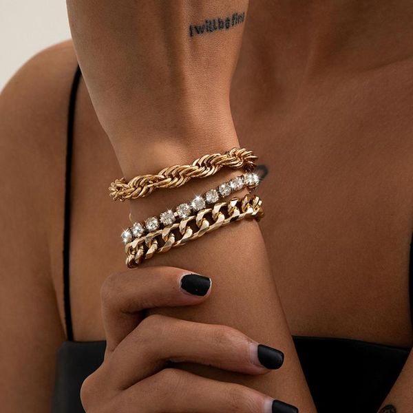 

link, chain 2021 punk heavy metal crystal bracelet set female hip hop rock thick geometric bangles charm jewelry gift, Black