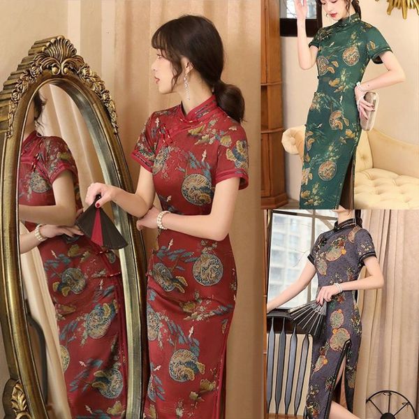 

women chinese style qipao summer vintage short sleeve split tight female cheongsams ladies floral print slim long dresses 4xl ethnic clothin, Red