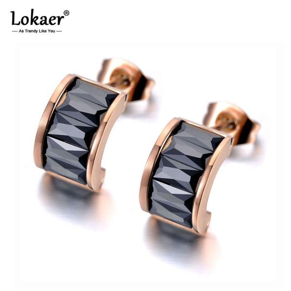 

stud lokaer sparkling titanium stainless steel white/black cz crystal earrings trendy semicircle for women girls e19323, Golden;silver