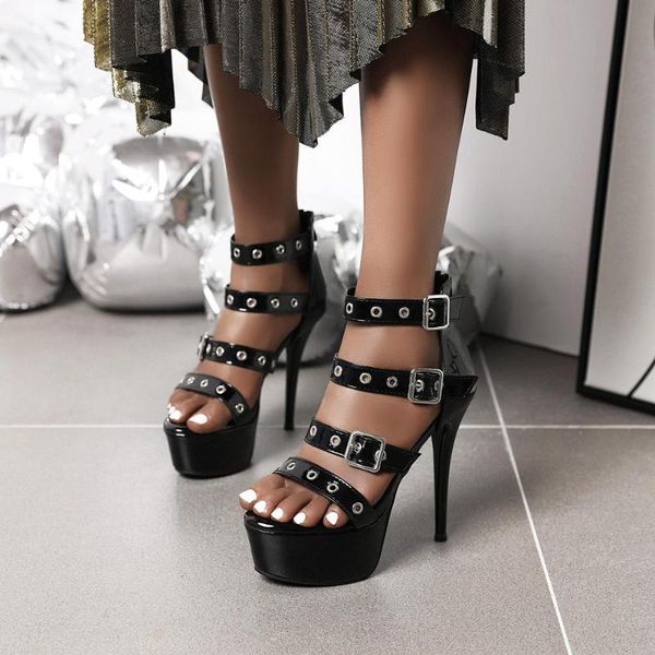 

spring high heels 13 cm rivet nightclub sandals big size 47 48, Black