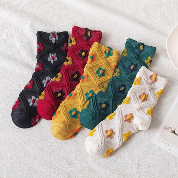 

colorful flower socks women ins retro striped tube cartoon cute sweet girl cotton original christmas gift & hosiery, Black;white