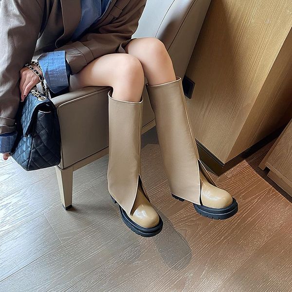 

boots qzyerai cow leather round toe riding equestrian straps concise designer thigh, Black