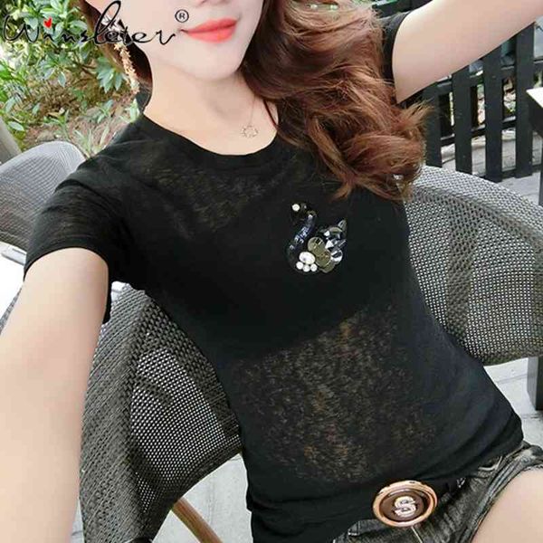 

women's t-shirt summer korean clothes girls o-neck shiny beading swan women back transparent short sleeve tees t12106a 5, White