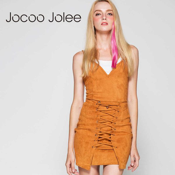 Jocoo Jolee Slim Ruffles Solid Design Winter Dress Women Deep V-Neck Front Bandage Abito sexy Casual Party Short Dress Ladies 210619