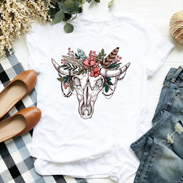 

flower feather heifer bull womens cattle print skull tee clothes graphic, White