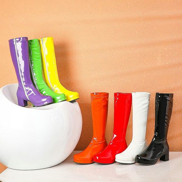

boots 2021 pu leather winter fall women knee high thick heel zipper long fashion candy colors ladies party, Black