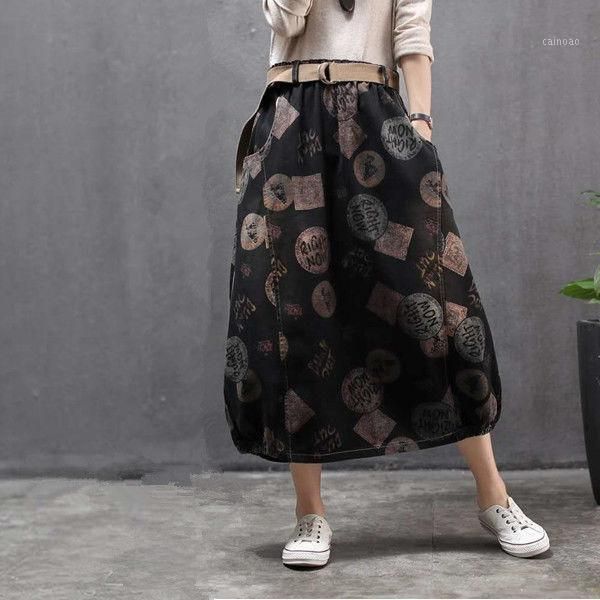 

skirts 2021 spring/autumn arts style women loose casual vintga print a-line skirt all-matched elastic waist cotton denim, Black