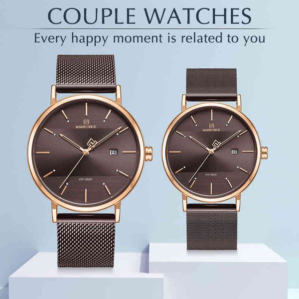 

naviforce luxury brand mens watches quartz simple men women set watch waterproof mens ladies couple clock relogio masculino 210517, Slivery;brown