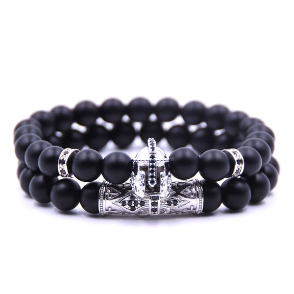 

8mm black beads strands retro micro inlay helmet charm bracelet for men gift, Golden;silver