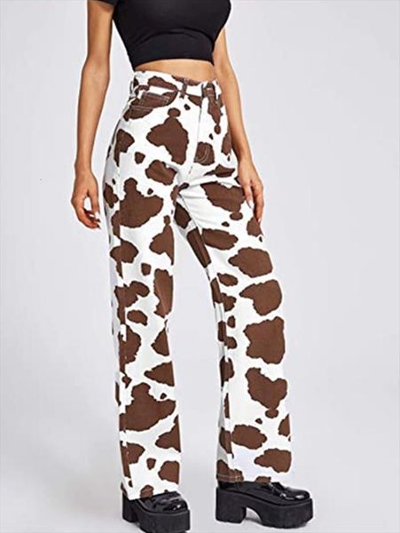 

vintage cow print baggy womens jeans y2k casual high pants loose harajuku 90s black white long trousers ladies street, Blue