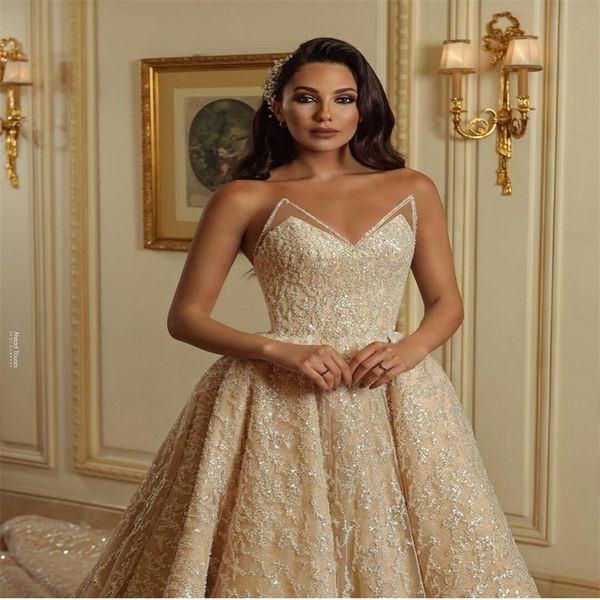 

champagne wedding dresses romantic a line glitter crystal sequins sweep train designer bridal gowns plus size marriage wear robe de mariÃ©e, White