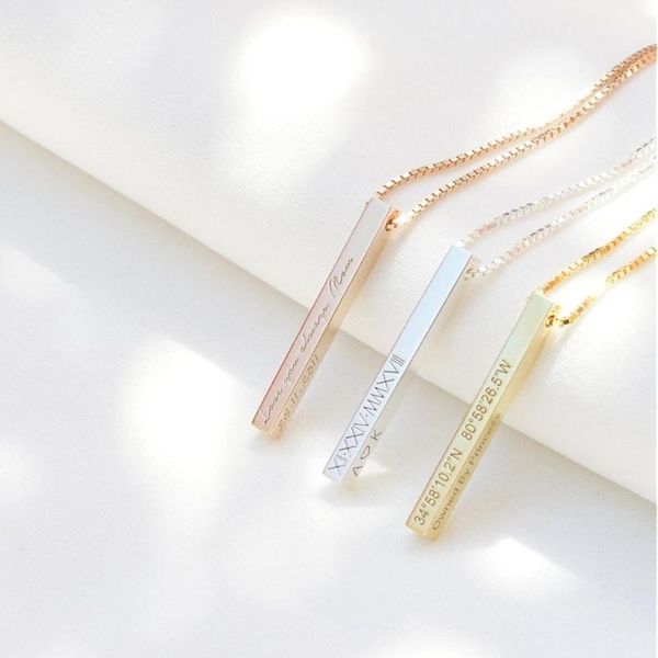 

pendant necklaces personalized 3d sterling silver long bar necklace, dainty vertical jewelry, engrave on all four sides, valentine's da
