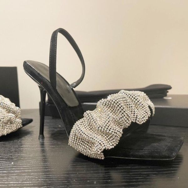 

sandals 2021 square toe open super high heel women's shoes pleated full rhinestone stiletto fashion, Black