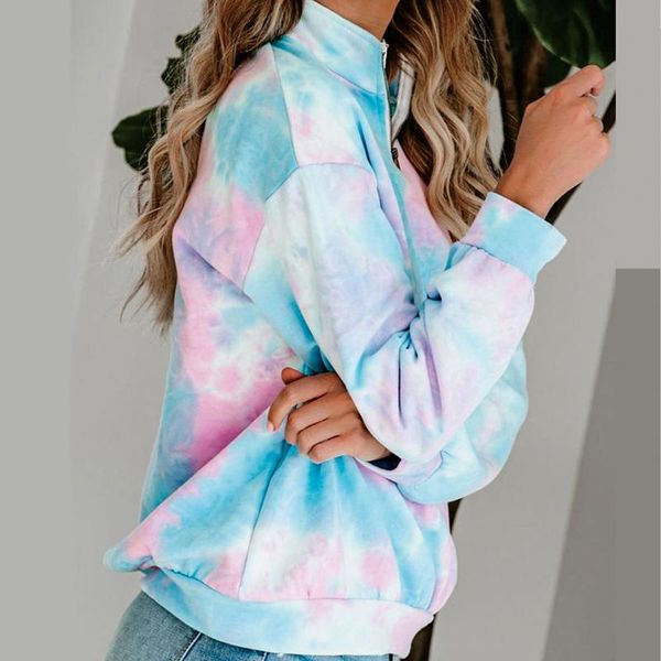 

women's hoodies & sweatshirts autumn 2021 tie dye printed sports casual zipper collar sweatshirt long sleeve for women, Black