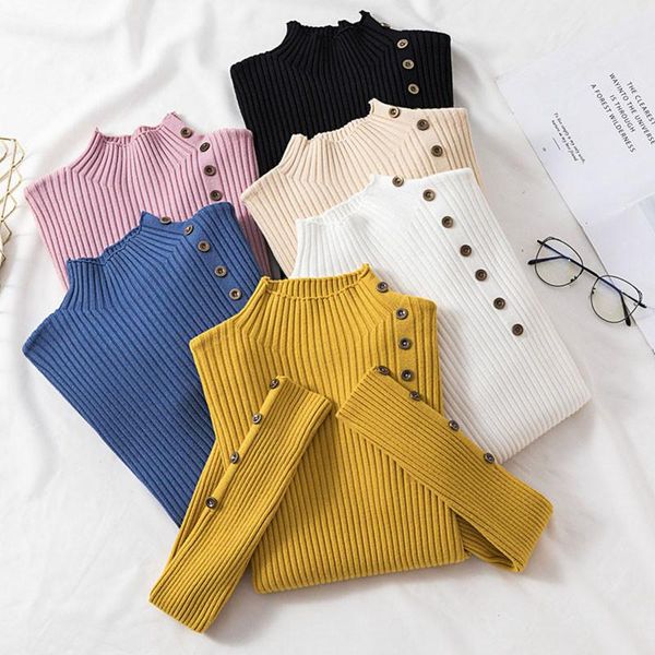 

women's sweaters fashion button half turtleneck sweater women spring autumn solid knitted pullover female slim soft bottoming knit, White;black