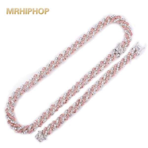 

hiphop necklace with iced out bling rap rock dancer jewelry gift silver 12mm pink bubble crystal curb cuban miami chain men's chains