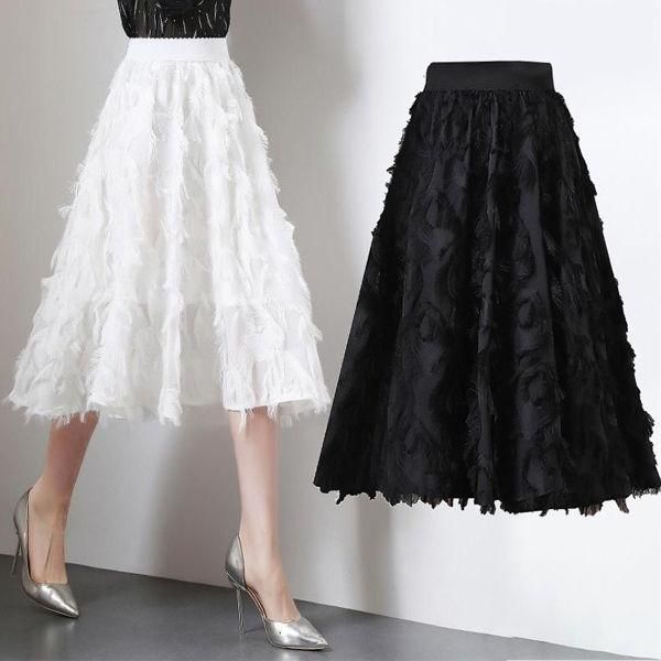 

skirts 2021 high waisted fairy sweet chiffon tassel skirt mid length chic, Black