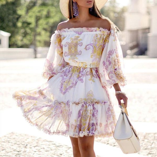 

off shoulder ruffles dress elegant fashion chic party print women dresses length sleeve style young pattern type age casual, Black;gray