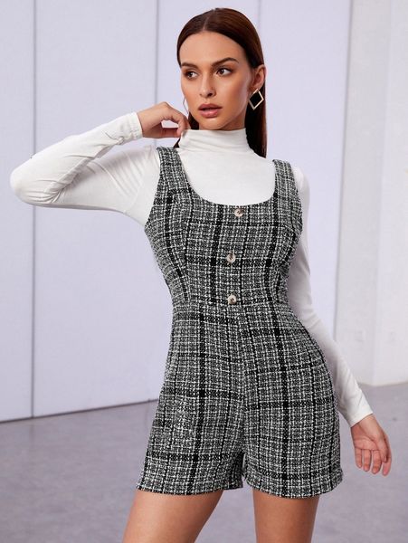 

plaid fake button tweed romper without tee n715#, White