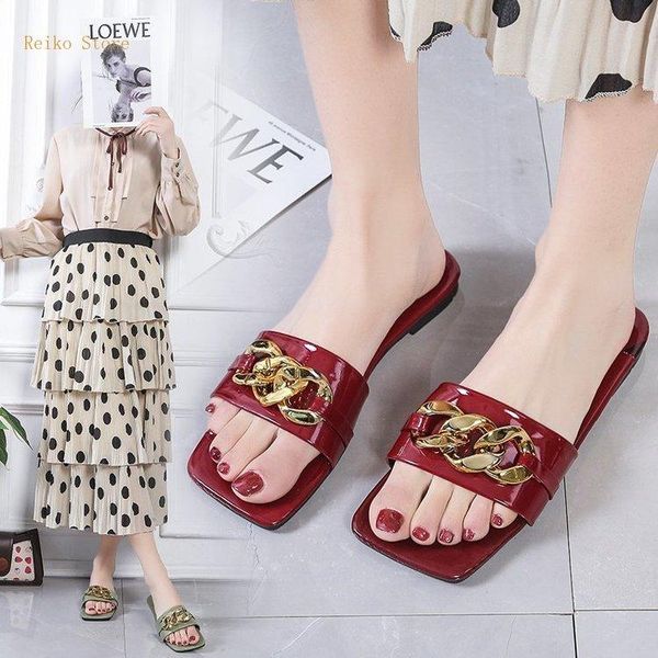 

women's shoes black charm flat sandal slippers fashion open toe golden chain outer wear one-word sandals travel summer