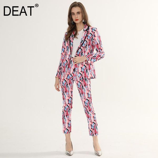 

women's two piece pants [deat] 2021 spring autumn fashion tide long sleeve single button v-neck blazer printing high waist pencil suit, White