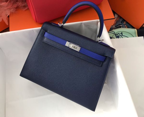 

wholesale half handmade customized bag25cm 2tones blue colors epsom leather wax line stitching gold and silver hardware by order only dont
