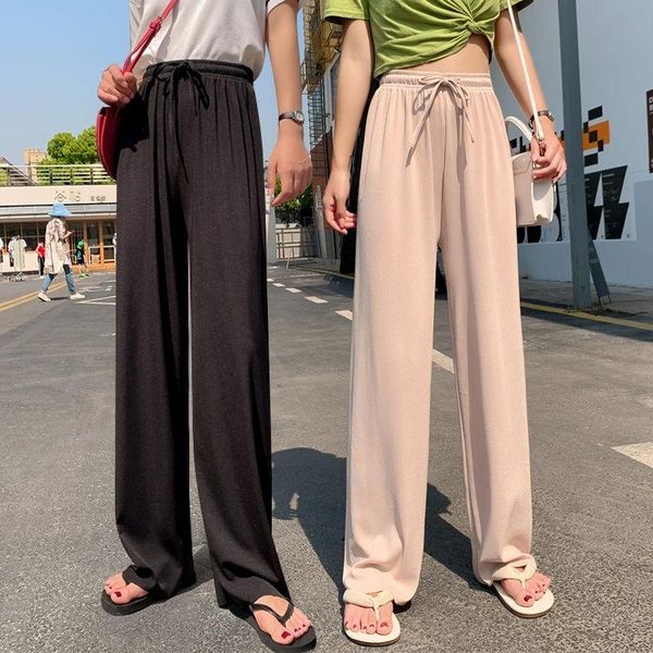 

women's pants & capris ice silk wide-leg long women korean high waist straight casual loose office lady summer trousers plus size slim, Black;white