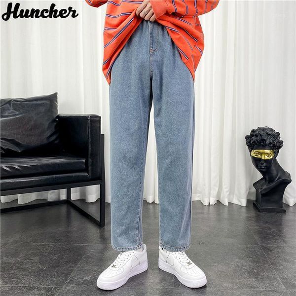 

men's jeans huncher mens men 2021 hip hop fashion kpop korean streetwear ankle length denim pants blue baggy for