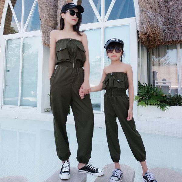 

family matching outfits summer mother daughter tube overalls loose thin leisure jumpsuits clothes, Blue